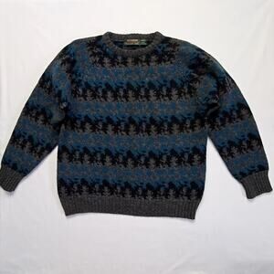 Vintage Geometric Multicolor Sweater Wool Blend Hill Archer Blue L Crewneck VTG